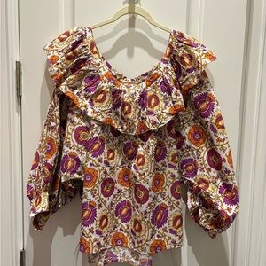 Vibrant Floral Ruffle Blouse - Purple and Orange